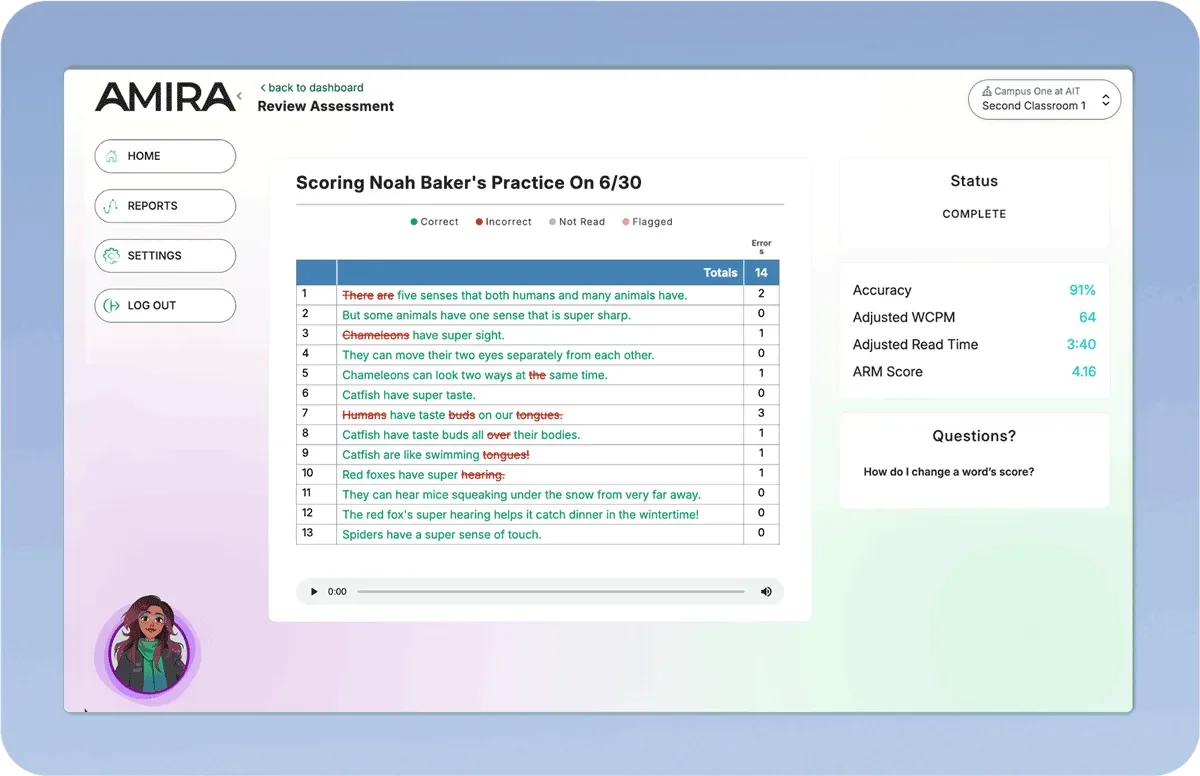 Amira reading assessment report example